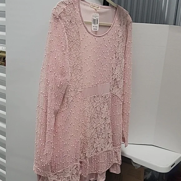 Indigo Soul Women's Lined Lace Layered Tunic 2XL Sequin Detail Long Sleeves Pink - Picture 3 of 10
